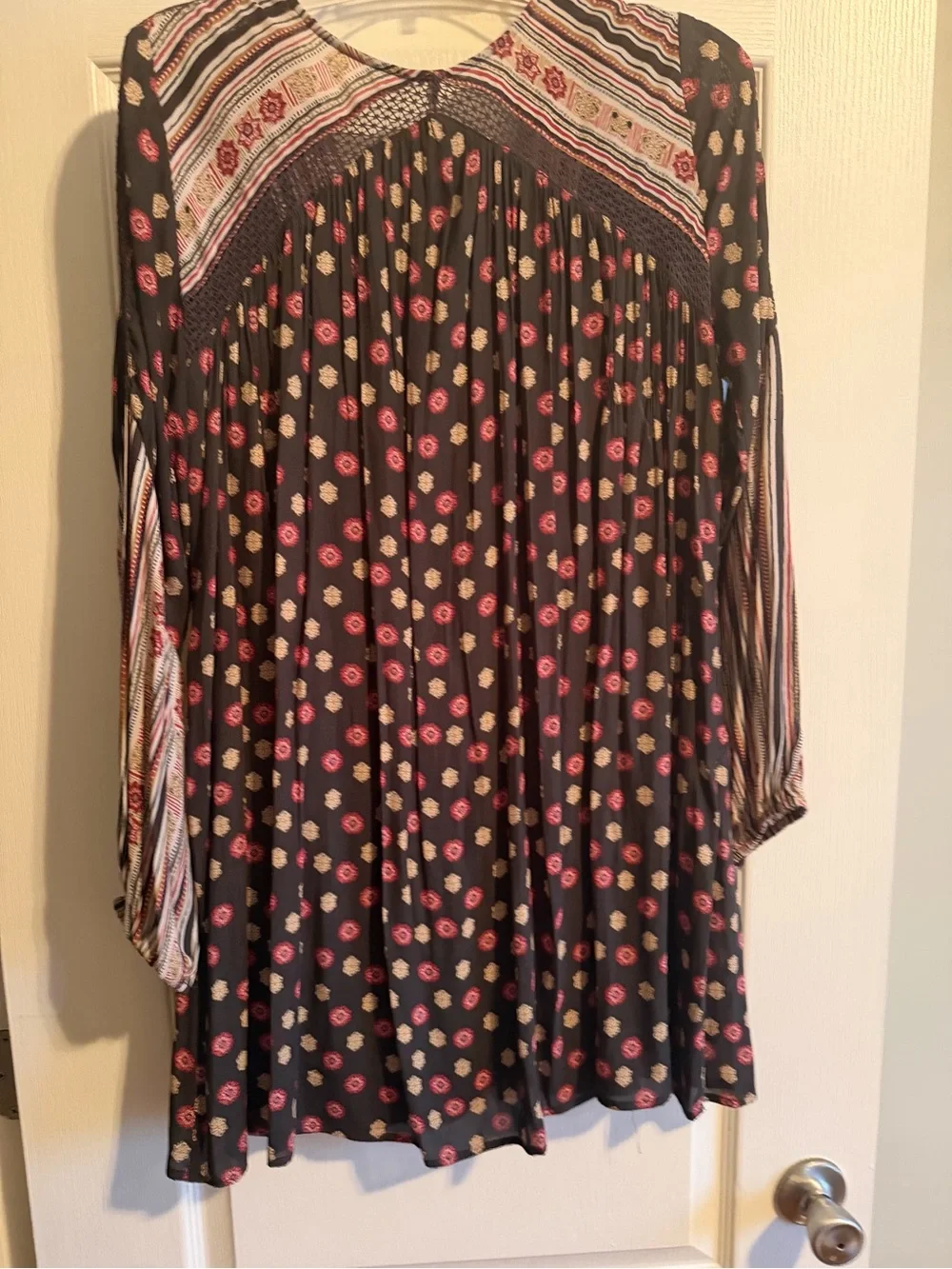 Free People Black Floral & Stripe Lace-Up Boho Dress